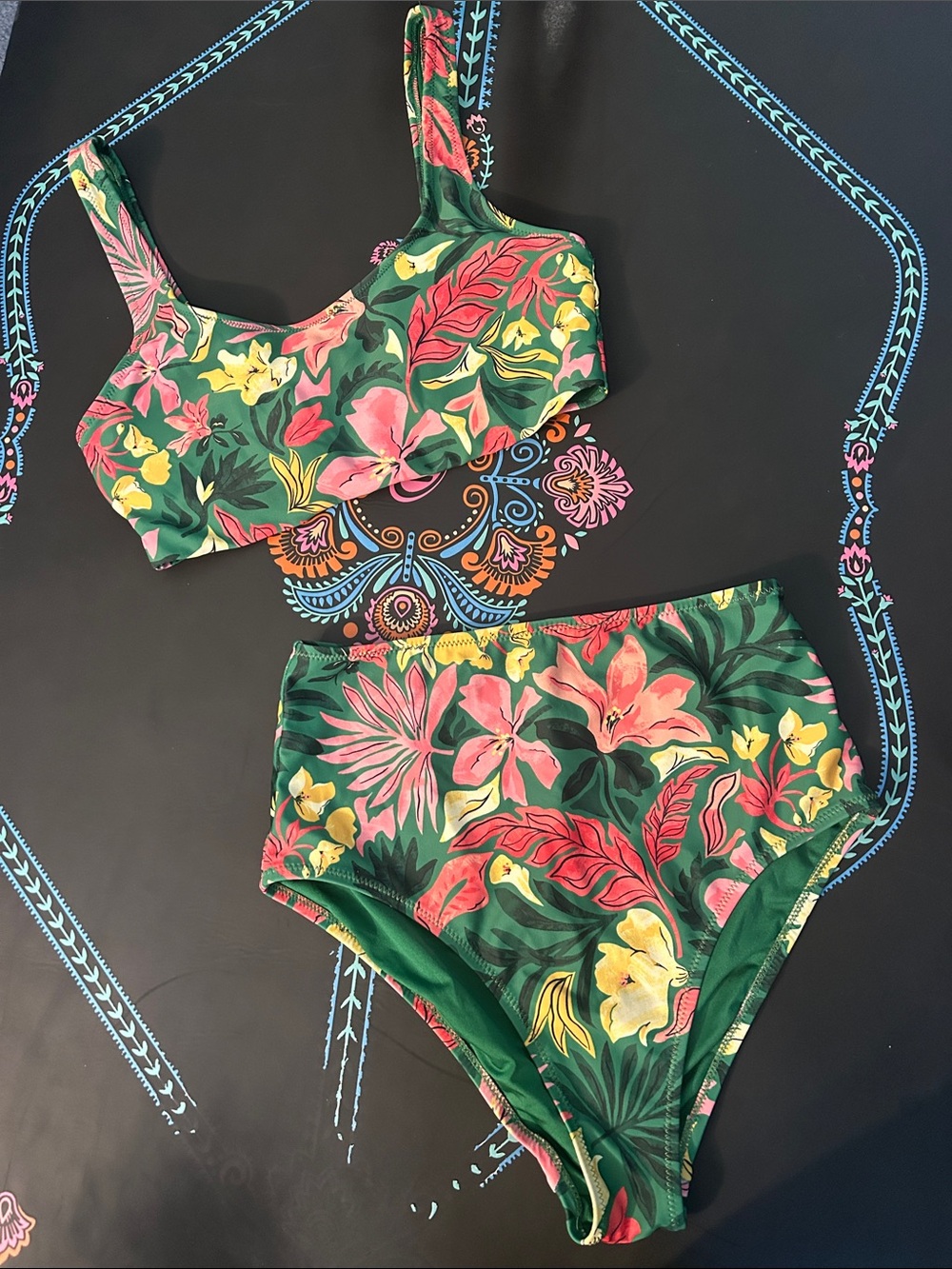 Old Navy Women's Floral High-Waisted Tankini, Green Floral, Size Small